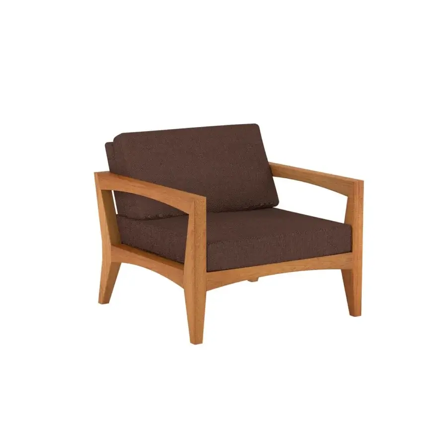 Sophisticated Royal Botania Zenhit lounge chair built with teak wood and brown textile cushions presents a sleek geometric silhouette