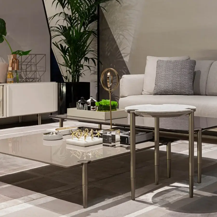 Distinguished Turri Zero coffee table with overlapping wooden tops and cylindrical matte metal legs in glossy taupe finish