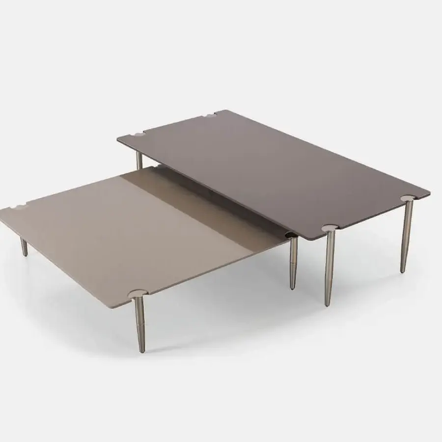 Exclusive Turri Zero coffee table with overlapping wooden tops and coordinating metal base in a matte finish
