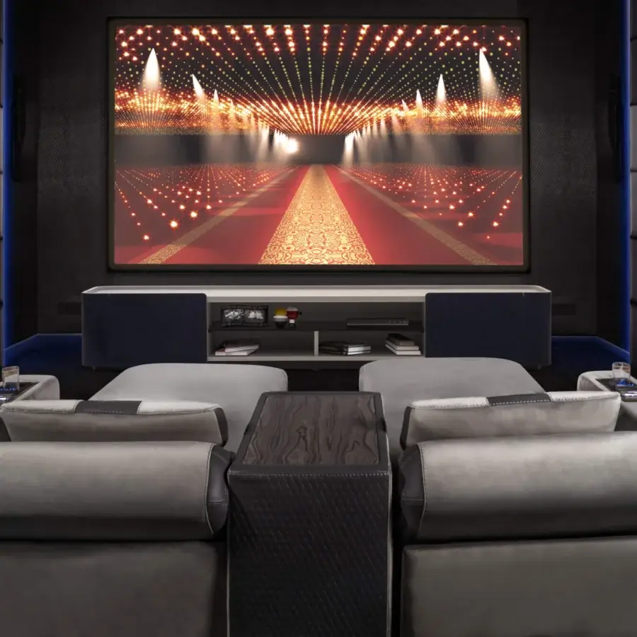 Lavish Formitalia Dustin home cinema seating with gray textile upholstery and lacquered base, including a dark wood veneer console with marble top