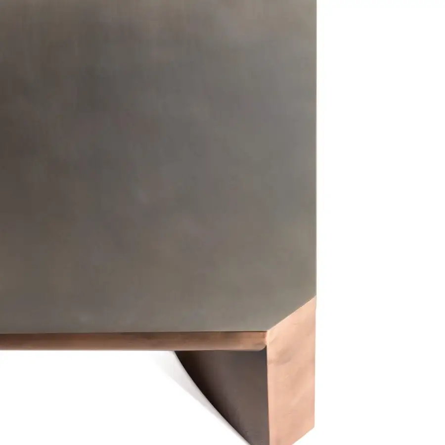 Superior Bellavista Copper Coffee Table with copper-cladded base and muted gray poplar block-board top in Black Patina finish