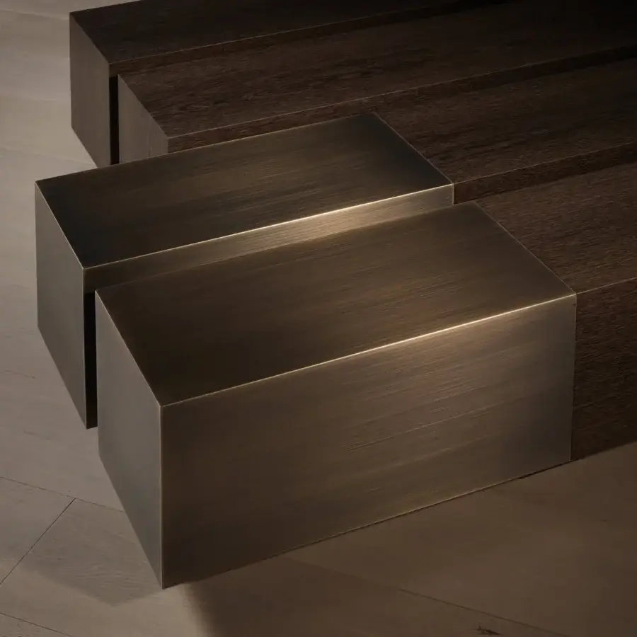 Distinguished Bellavista Courchevel coffee table with dark brown wood base and glossy bronze metallic top crafted in Italy