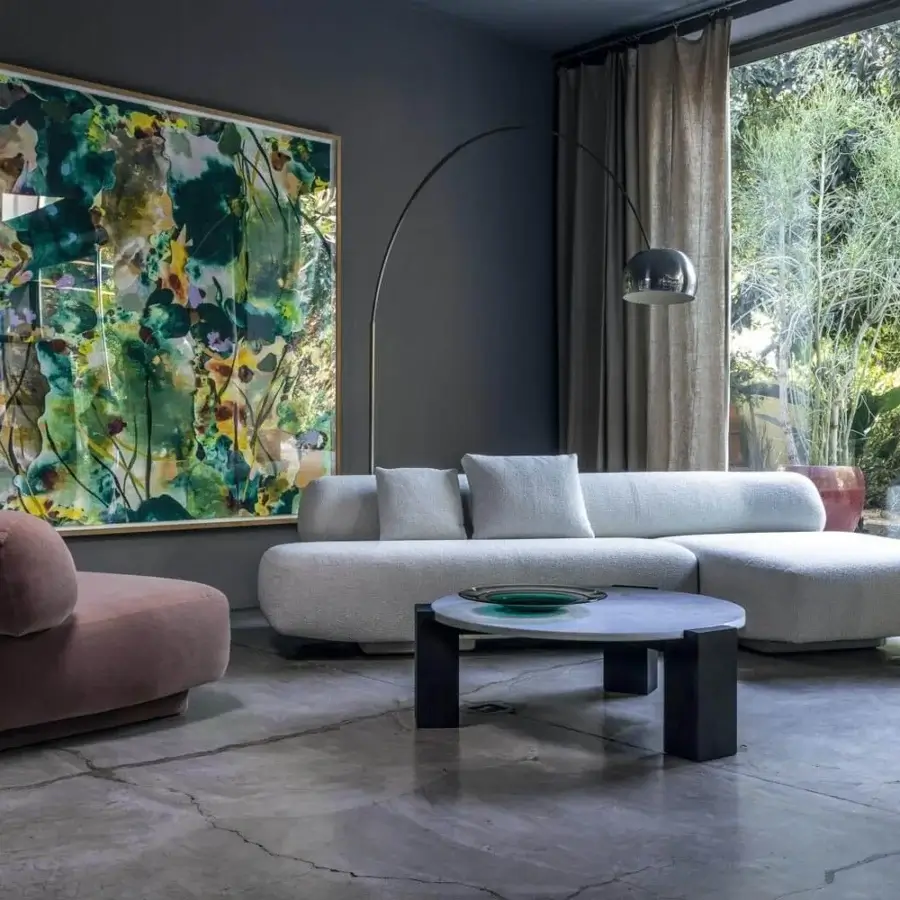 Distinguished Moroso Gogan sectional upholstered in light bouclé-fabric with a wooden structure and polyurethane foam build