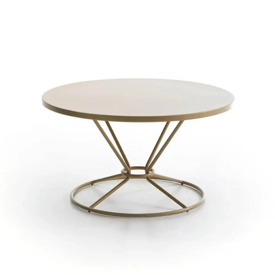 Superior Roberti rattan coffee table with a light powder-coated aluminum top and gold finished stainless steel base