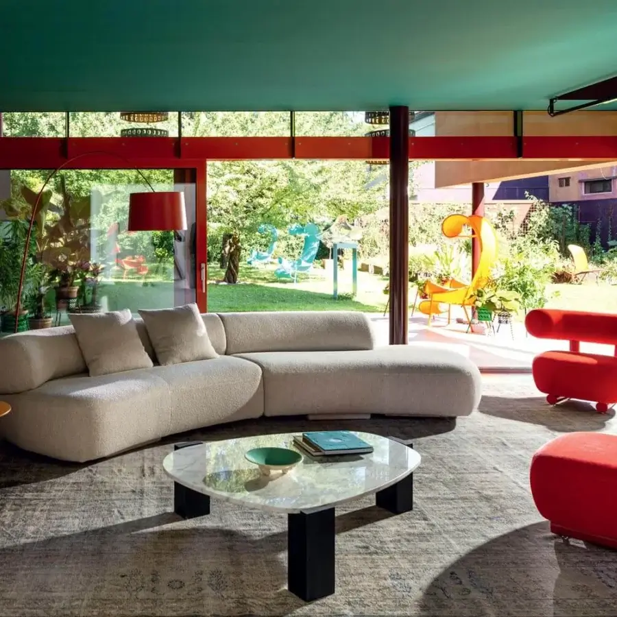 Innovative Moroso Gogan sectional upholstered in neutral cream textile with a matte finish and skilled wooden construction