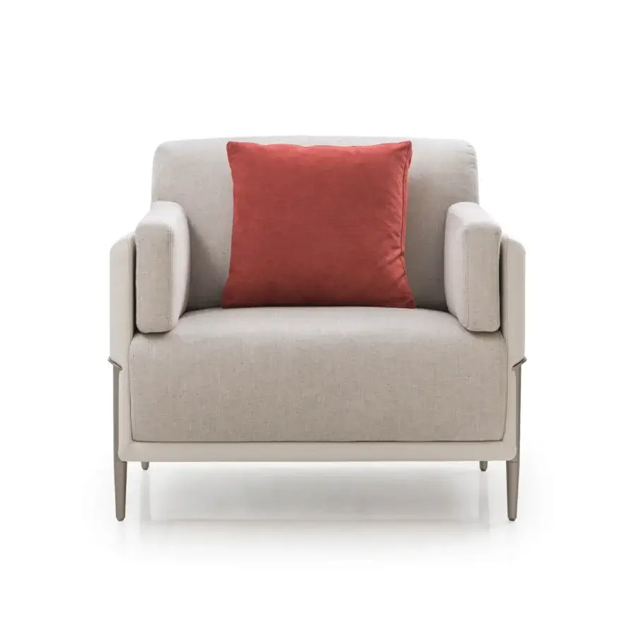 Exceptional Turri Zero lounge chair with light beige textile cushions and a satin platinum metal structure