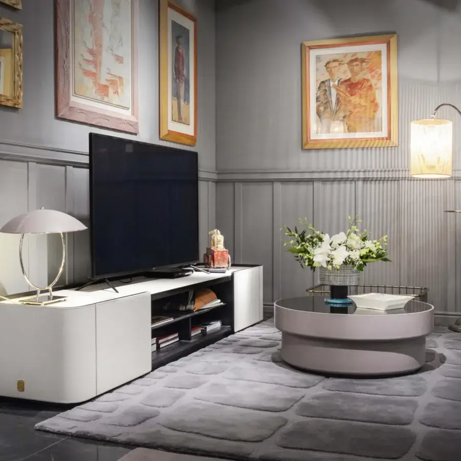 Distinguished Formitalia Downtown TV stand with light leather sides and doors, built with wood veneer top and fumé glass shelving