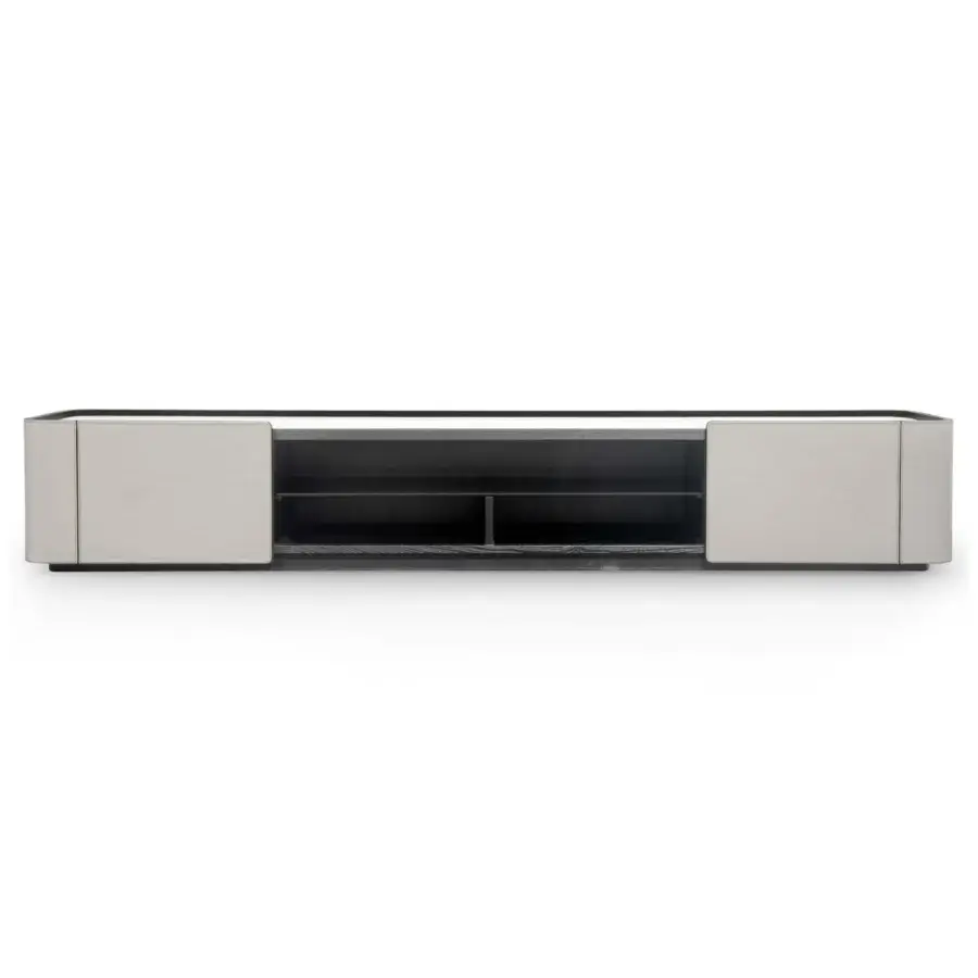 Exceptional Formitalia Downtown TV stand with light grey leather, wood veneer top and interior, plus a fumé glass shelf
