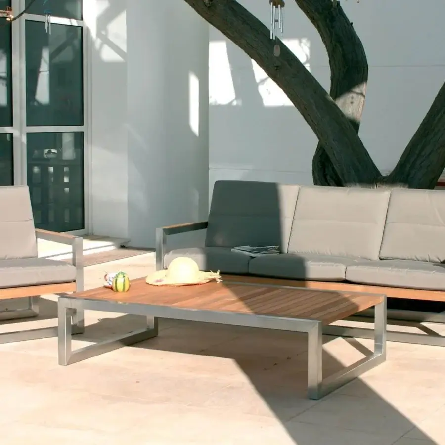 Superior Royal Botania Ninix coffee table with light brown teak wood slats and matte silver-toned stainless steel frame