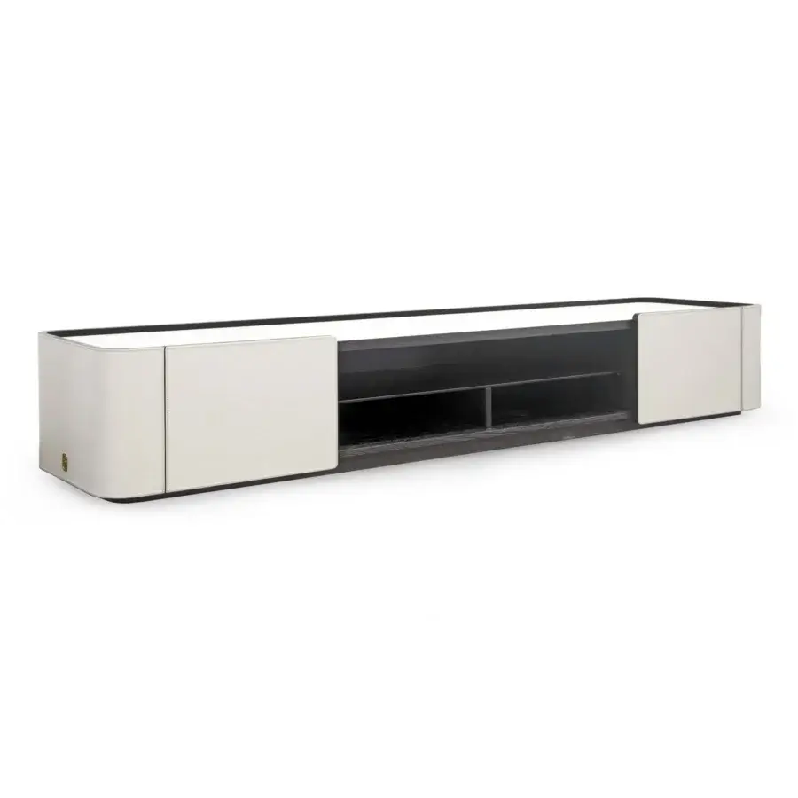 Lavish Formitalia Downtown TV stand with light cream leather, gray wood veneer, and fumé glass shelving