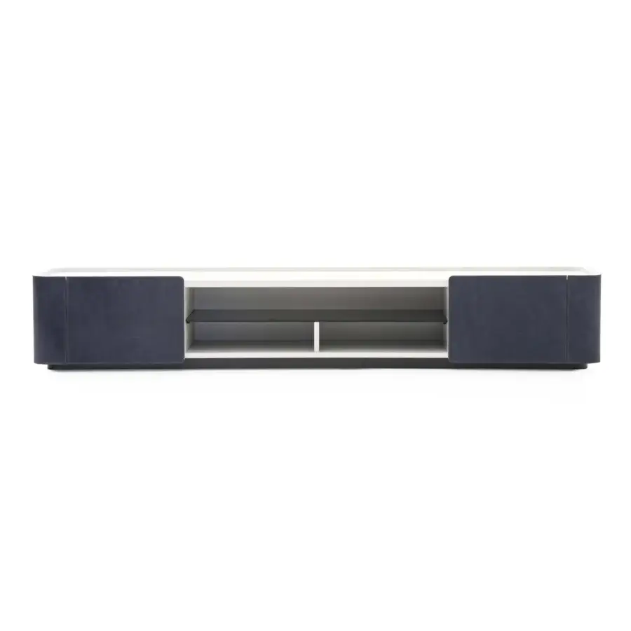 Superior Formitalia Downtown TV stand with dark gray leather sides and doors, white wood veneer top, plus fumé glass shelves