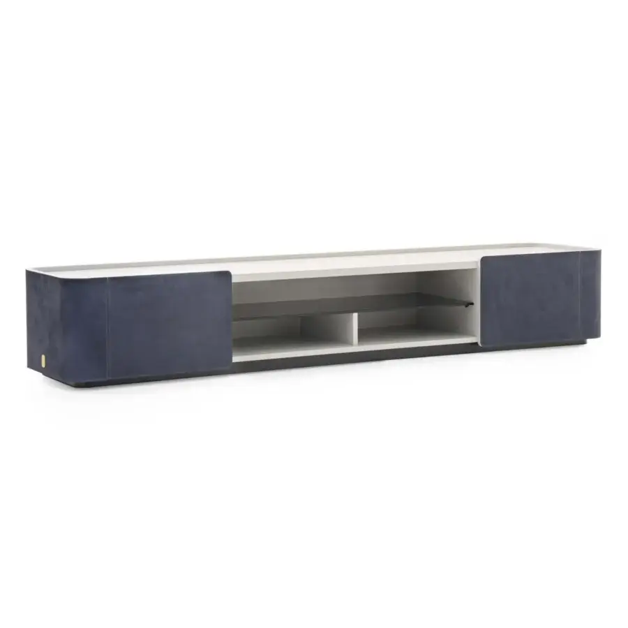 Distinguished Formitalia Downtown TV stand with navy-blue leather sides and doors, white matte wood veneer top, plus fumé glass shelf
