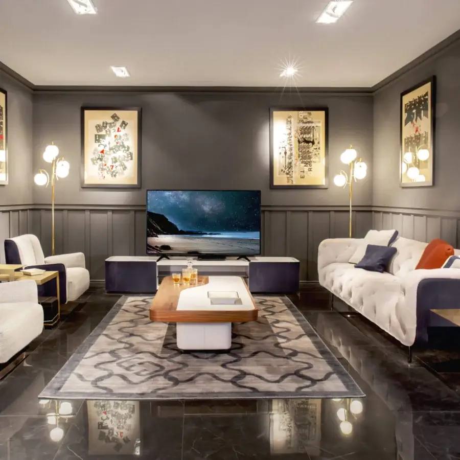 Exceptional Formitalia Downtown TV stand with leather-covered sides and doors, glossy white central section, fumé glass shelf and wood veneer interior