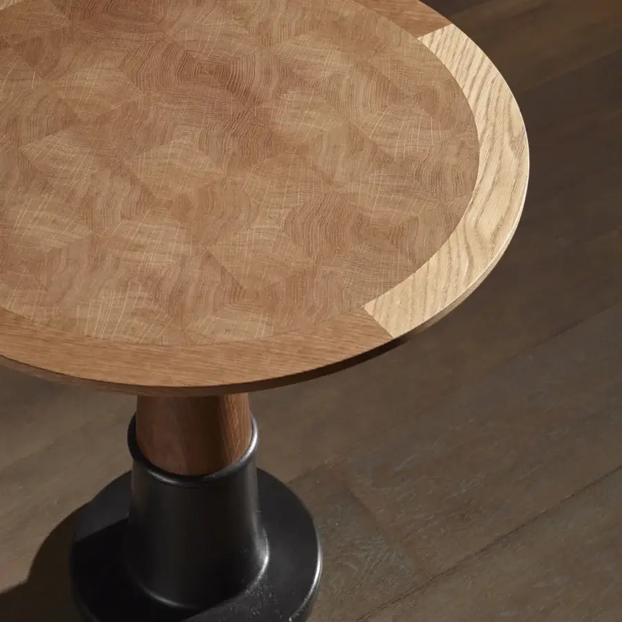 Distinguished Bellavista Filiberto side table with inlaid solid oak top and dark matte cast brass base