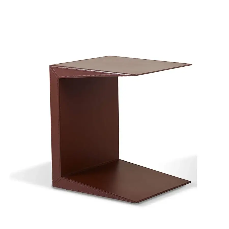 Superior Bellavista Franc Paulin side table in reddish-brown saddle-leather with folded metal structure and smooth finish