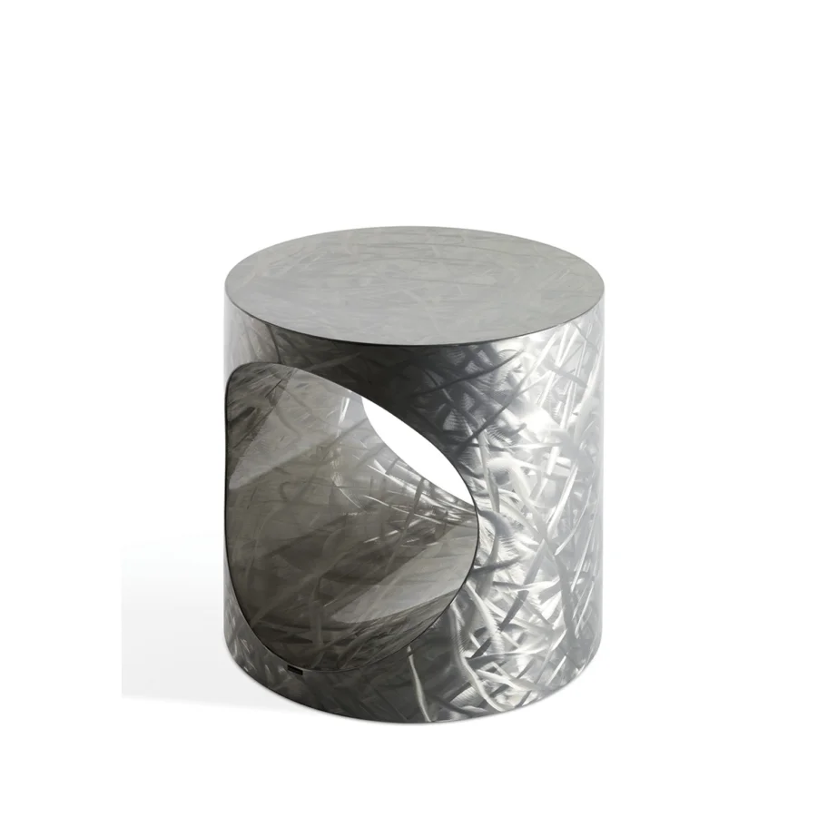 Distinguished Bellavista Hole side table crafted from metal with a brushed stainless steel finish and circular cutout