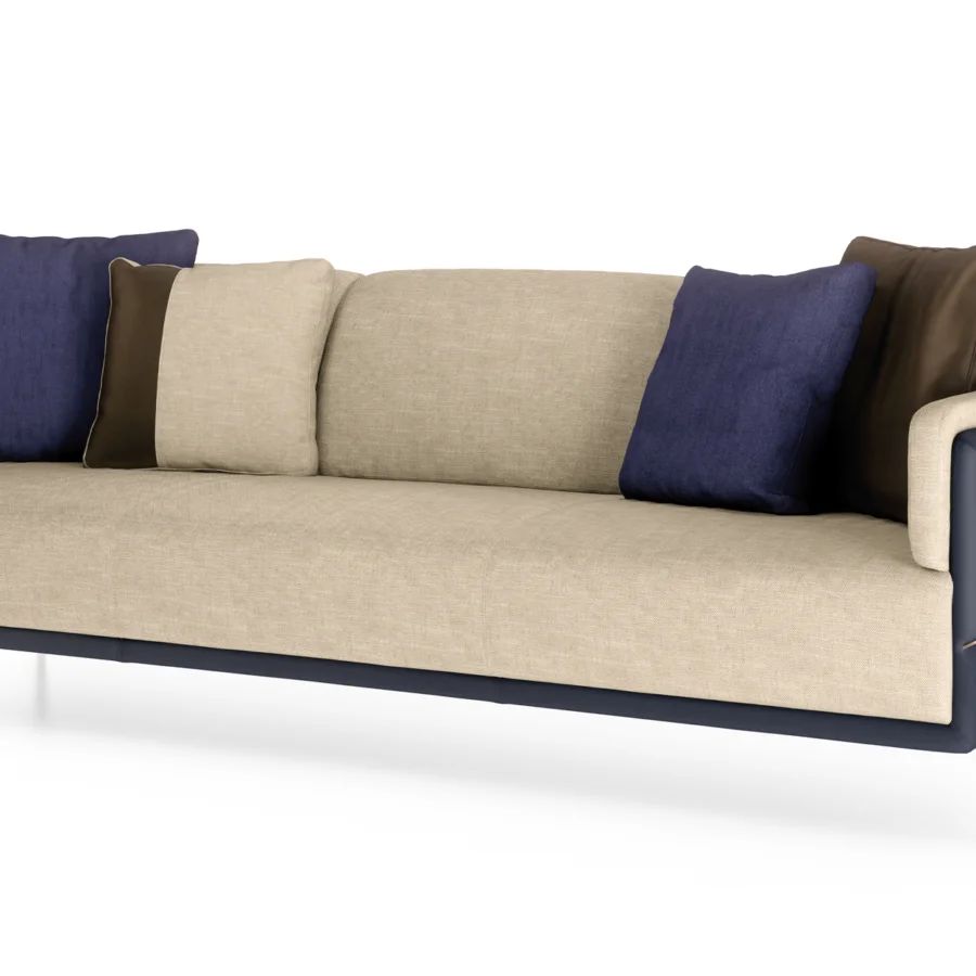 Exceptional Turri Zero sofa with light beige woven fabric and navy blue cushions built with a platinum satin-finished metal structure