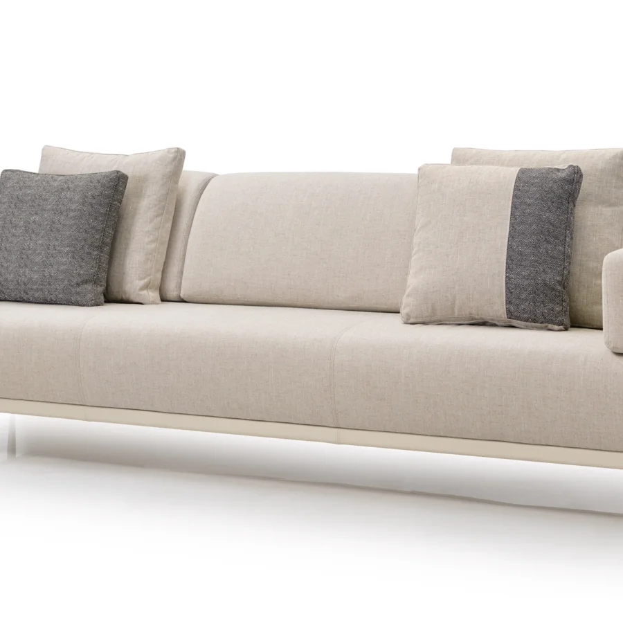 Lavish Turri Zero sofa with beige textile upholstery and a platinum satin-finished metal structure built with dark gray cushions