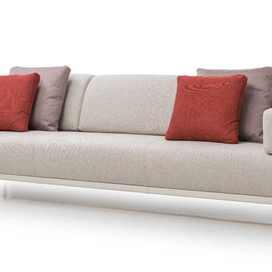 Distinguished Turri Zero sofa with light gray woven textile upholstery and a platinum satin-finished metal structure