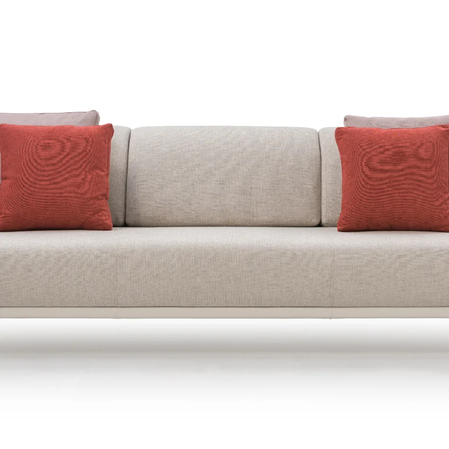 Exceptional Turri Zero sofa with light beige textile upholstery and a platinum satin-finished metal structure with mauve accents