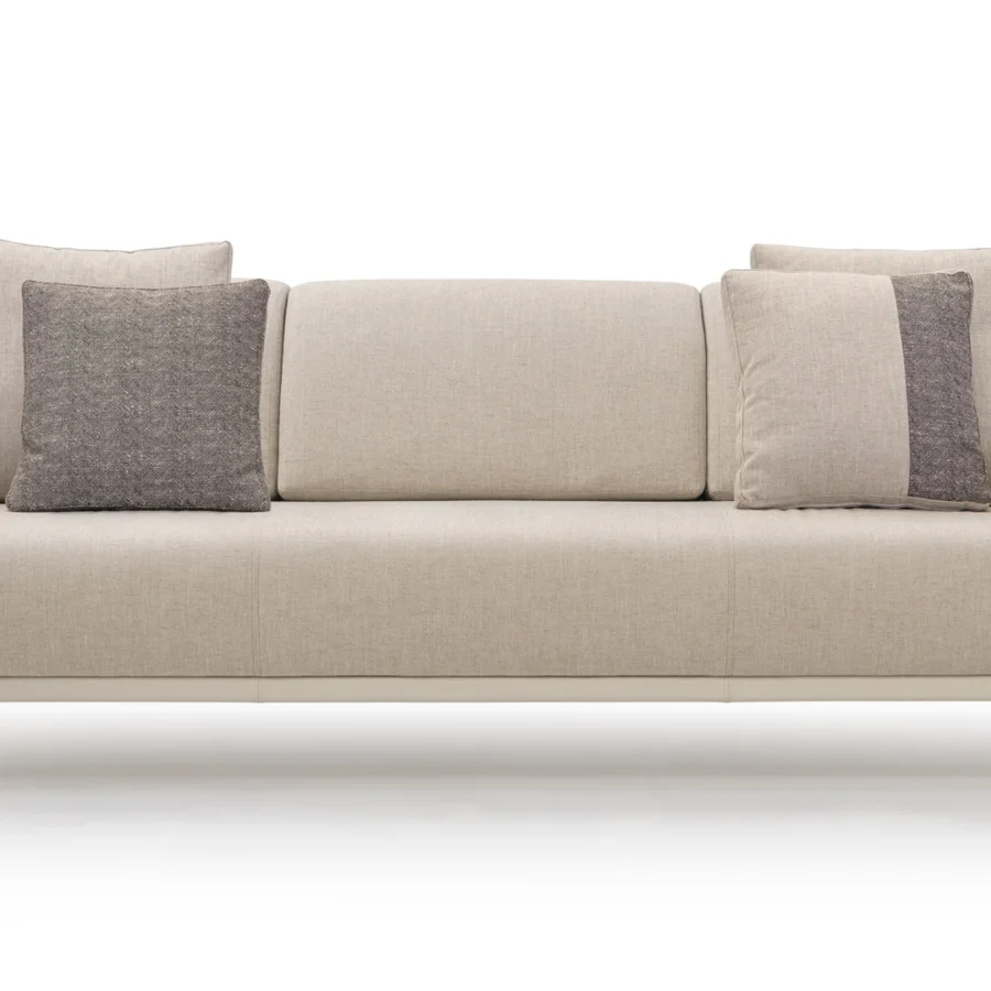 Superior Turri Zero sofa with light beige fabric upholstery and a platinum satin-finished metal structure