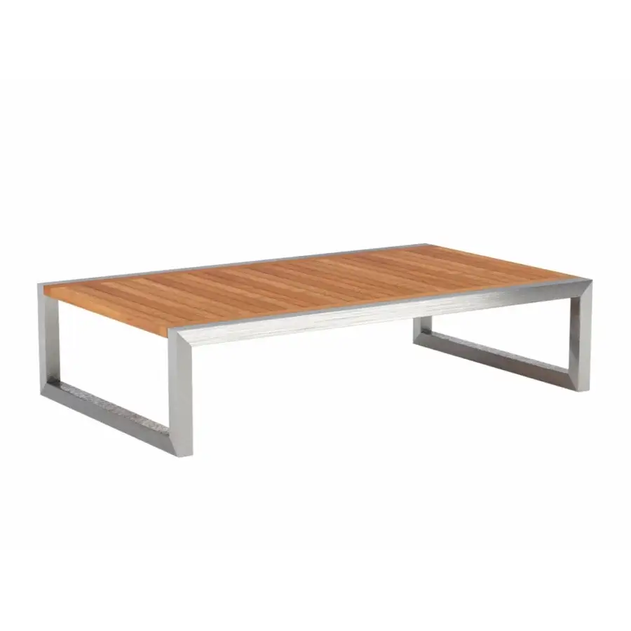 Superior Royal Botania Ninix coffee table built with reddish-brown teak wood and matte silver stainless steel frame