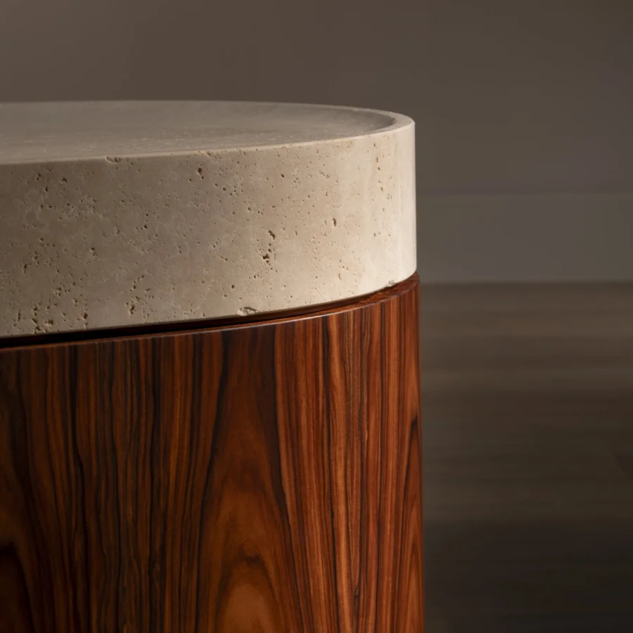 Elegant Bellavista Osvaldo side table with a marble top and curved multilayer Italian poplar wood base in high-gloss finish