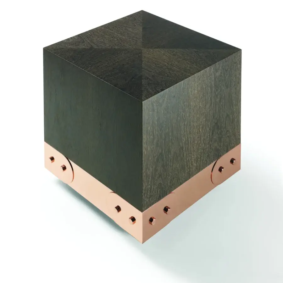 Elegant Bellavista coffee table with dark-stained wood and brass accents displaying a quadrant pattern crafted in Italian poplar block-board