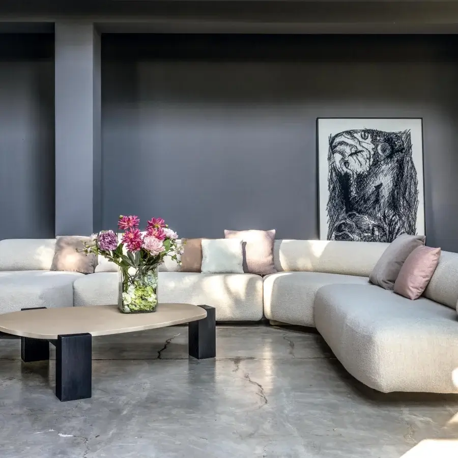 Superior Moroso Gogan coffee table with sculpted extra-clear glass top and matte dark gray finished FSC® Certified wood legs