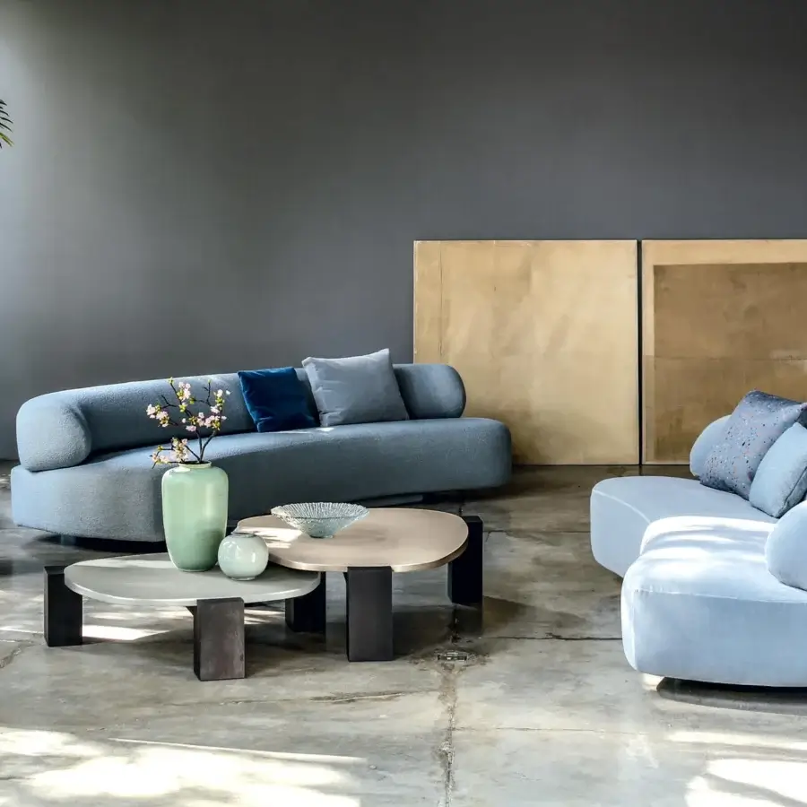 Superior Moroso Gogan coffee table with a light gray etched glass top and dark wood base crafted in Italy