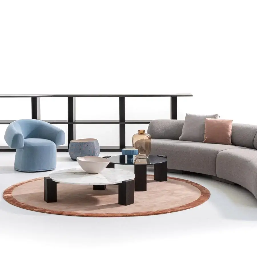 Exclusive Moroso Gogan coffee table crafted in polished marble with strong FSC Certified wooden legs and matte black finish