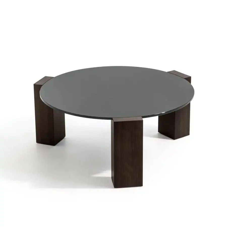 Distinguished Moroso Gogan coffee table with dark gray etched glass and dark brown FSC Certified wooden legs