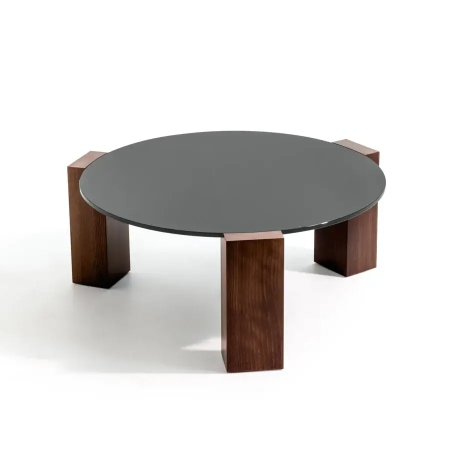 Superior Moroso Gogan coffee table with dark gray etched glass and dark brown FSC Certified wood legs