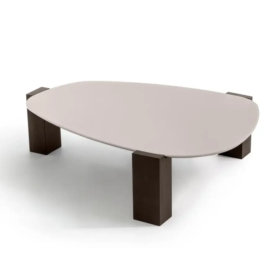 Exceptional Moroso Gogan coffee table with organically shaped extra-clear glass and textured FSC® Certified wood legs crafted with a varnished finish