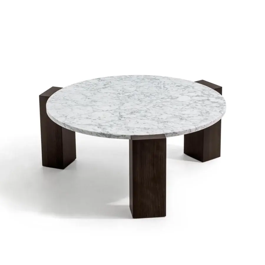 Elegant Moroso Gogan coffee table with polished white marble top and dark brown FSC Certified wood legs