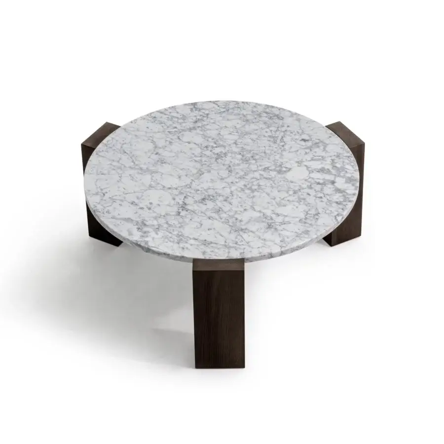 Superior Moroso Gogan coffee table with white marble displaying gray veining and dark brown wood legs