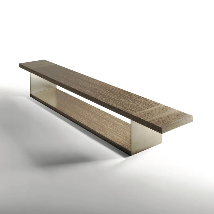 Superior Bellavista Retro console with Italian poplar and European wood veneer in medium brown matte finish with sleek metal panels