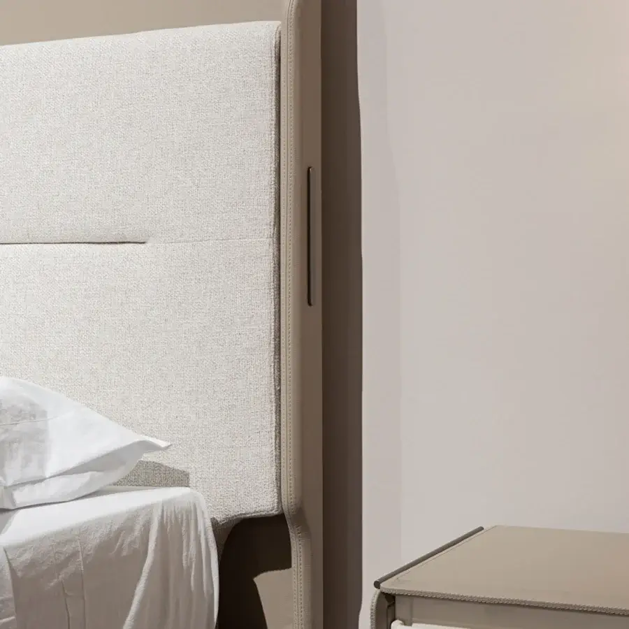 Distinguished Turri Zero nightstand crafted in light brown leather with a white glossy lacquered lower shelf