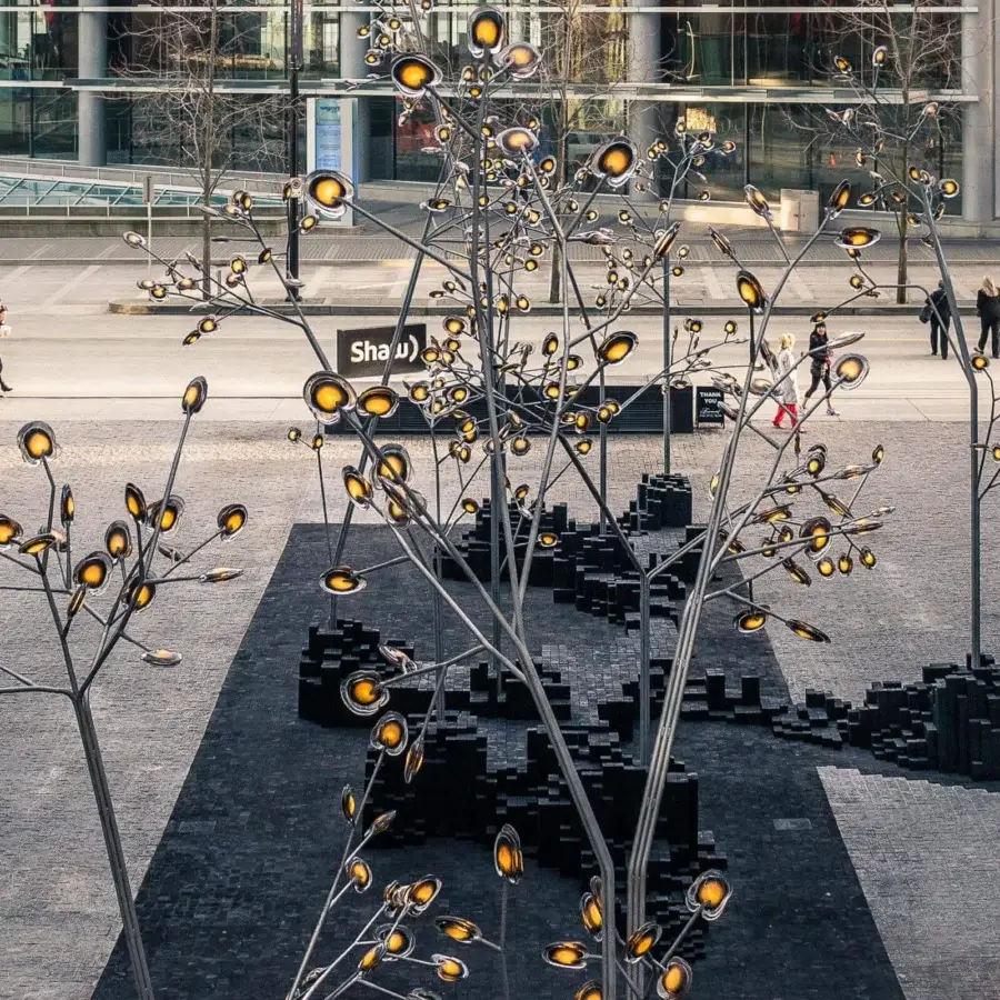Distinguished Bocci 16 Tree floor lamp with layered colored glass and matte metal, supported by stacked dark blocks