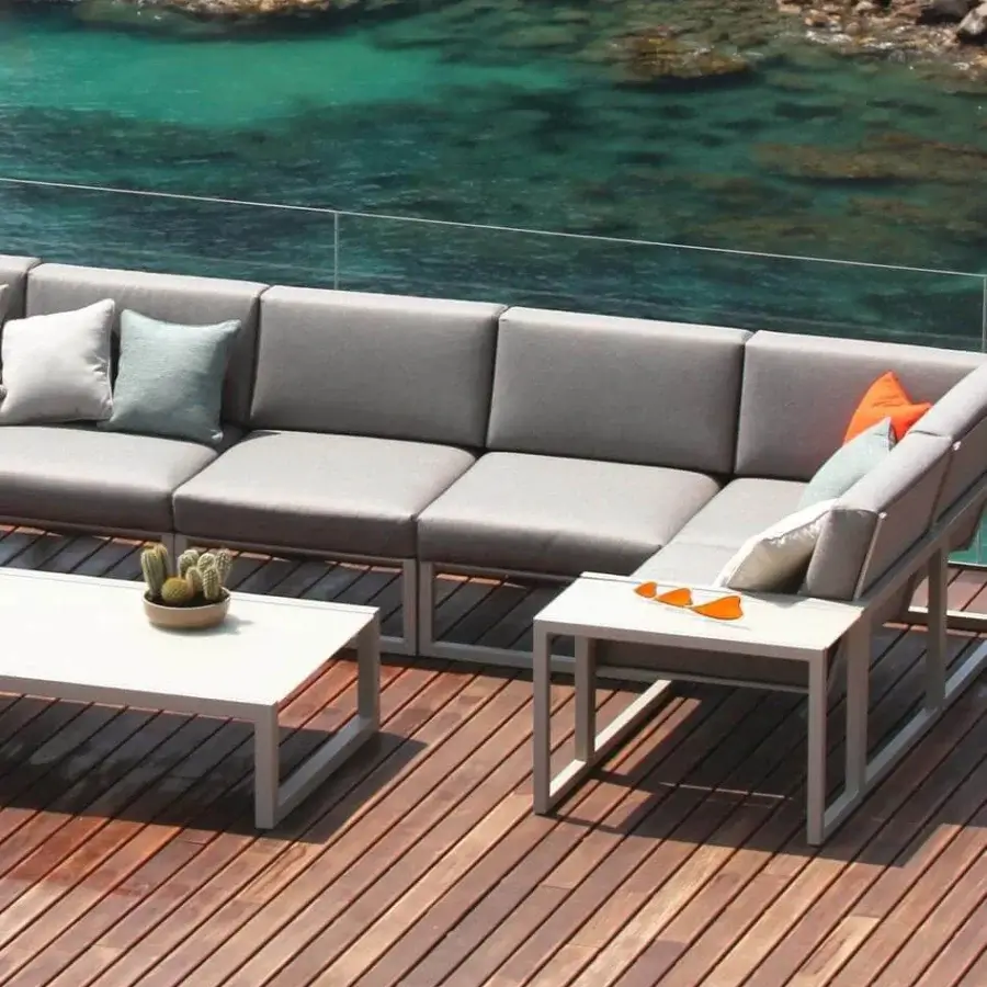 Elegant Royal Botania Ninix lounge side table with light gray coated aluminum and matching ceramic surface