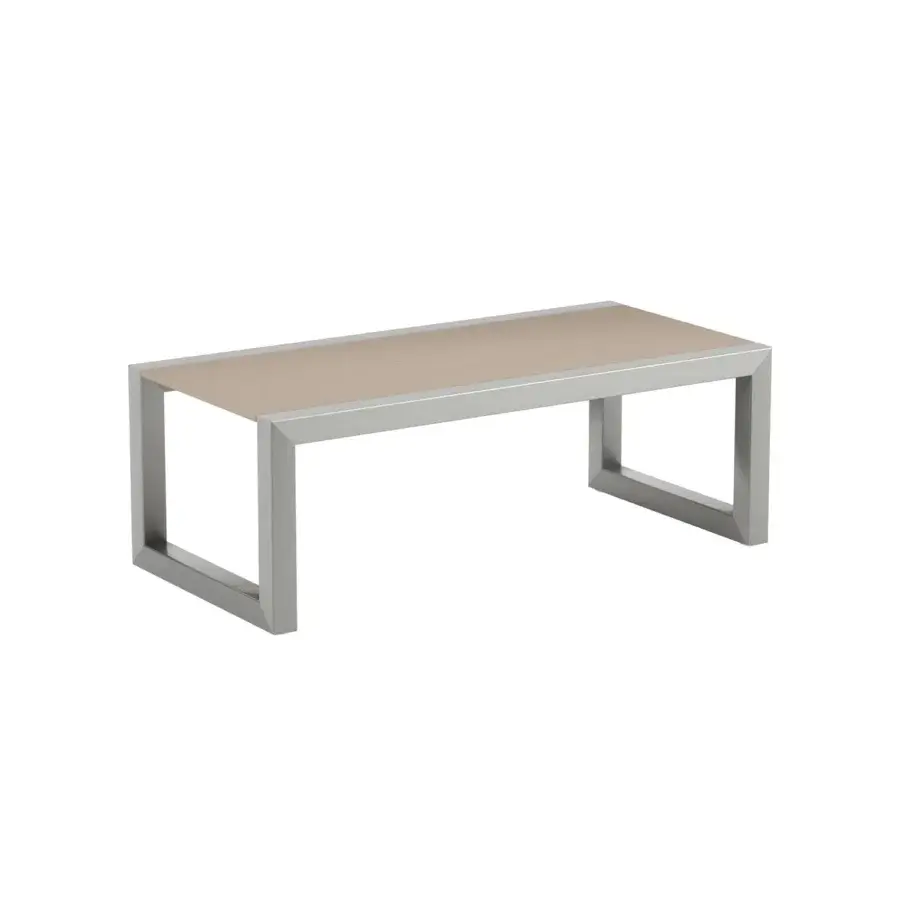 Exceptional Royal Botania Ninix lounge side table with stainless steel frame and tan ceramic top in matte finish