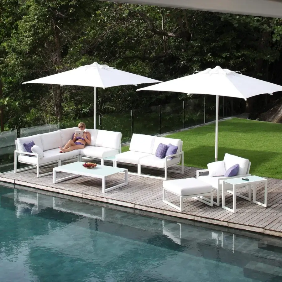 Superior Royal Botania Ninix lounge sectional with white powder-coated steel frame and purple patterned Batyline seat
