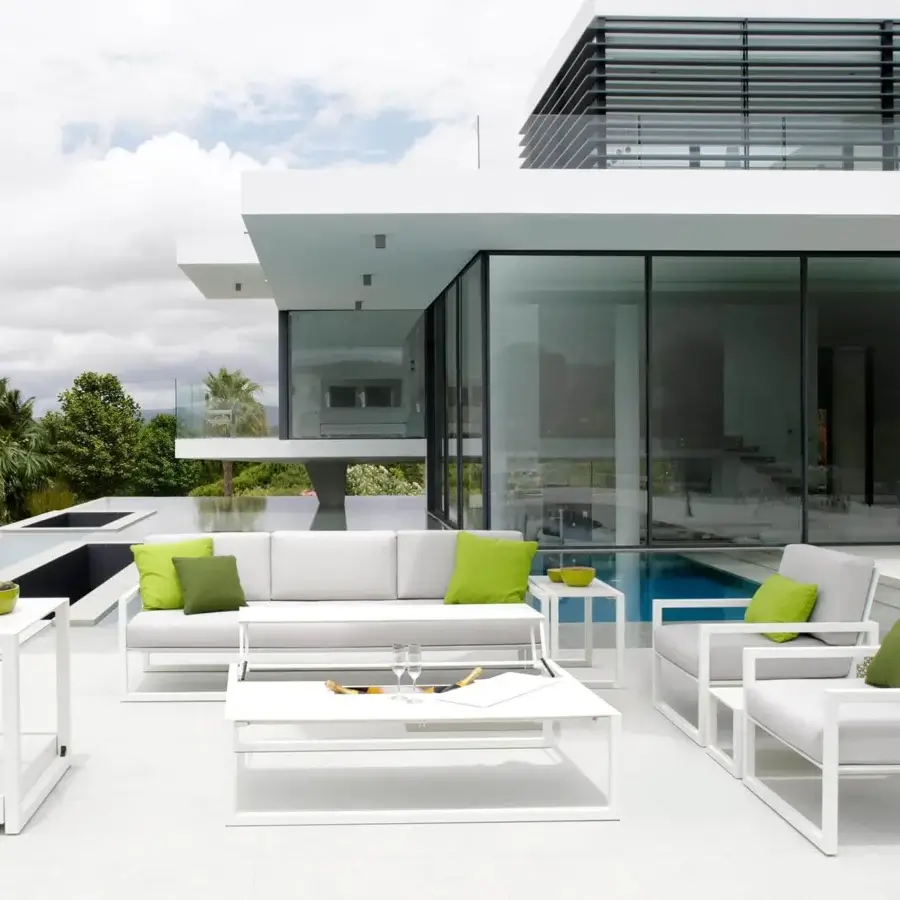 Exceptional Royal Botania Ninix lounge sofa with stainless steel frame, light gray Batyline cushions and bright green accents