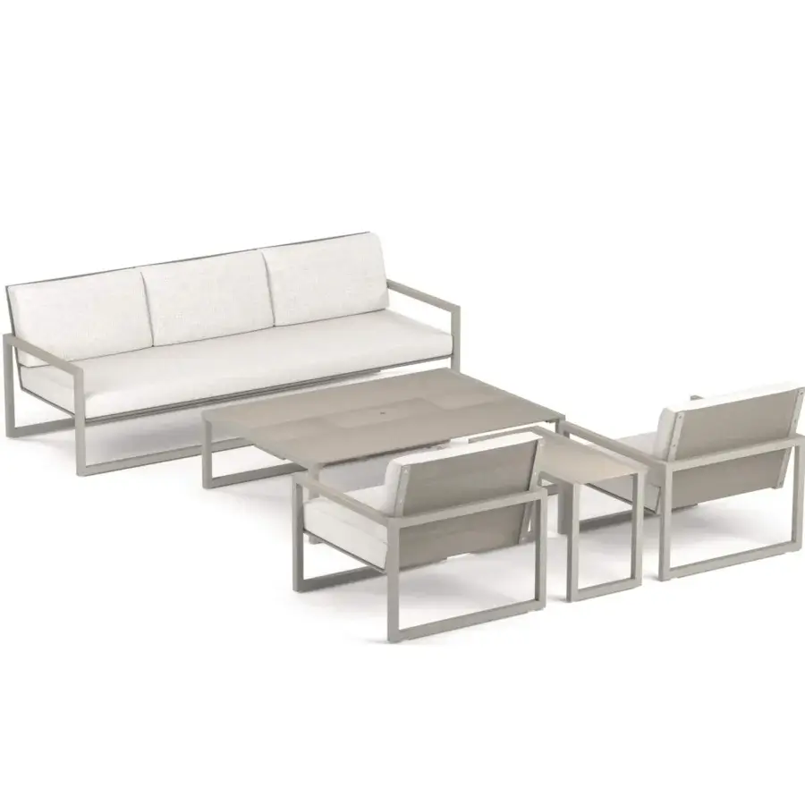 Superior Royal Botania Ninix lounge sofa with a light grey stainless steel frame and off-white Batyline cushions in a matte finish