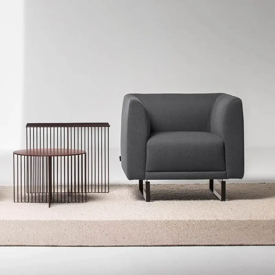 Exceptional LaCividina Accursio side table with a cross-shaped tubular steel base and smooth, medium-toned brown wood top