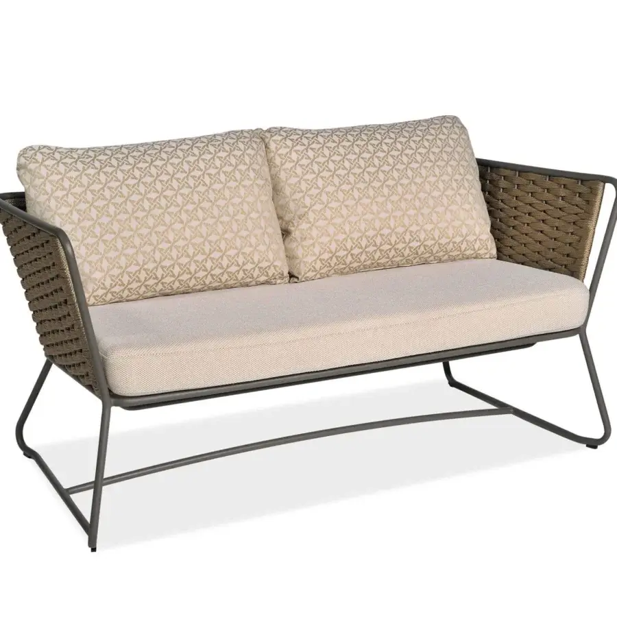 Superior Roberti Rattan Portofino sofa built with dark gray powder-coated aluminum and woven brown Nautic Rope with light beige cushions
