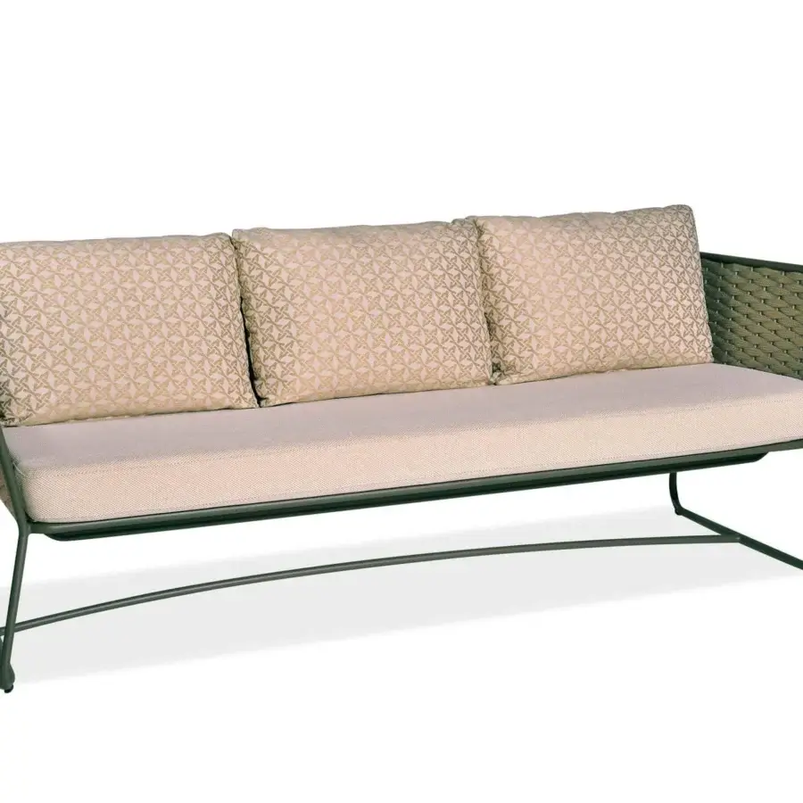 Elegant Roberti Rattan Portofino sofa built with dark green powder-coated aluminum and light beige outdoor fabric cushions woven in Nautic Rope
