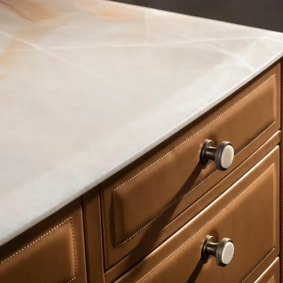 Superior Bellavista Tocador vanity crafted with brown leather and marble, featuring brass feet with buffalo bone inserts