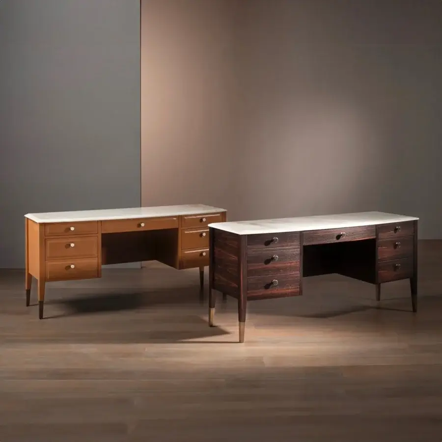 Distinguished Bellavista Tocador vanity desk crafted with dark striated wood veneer and luxurious marble, featuring brass feet with Buffalo bone knobs
