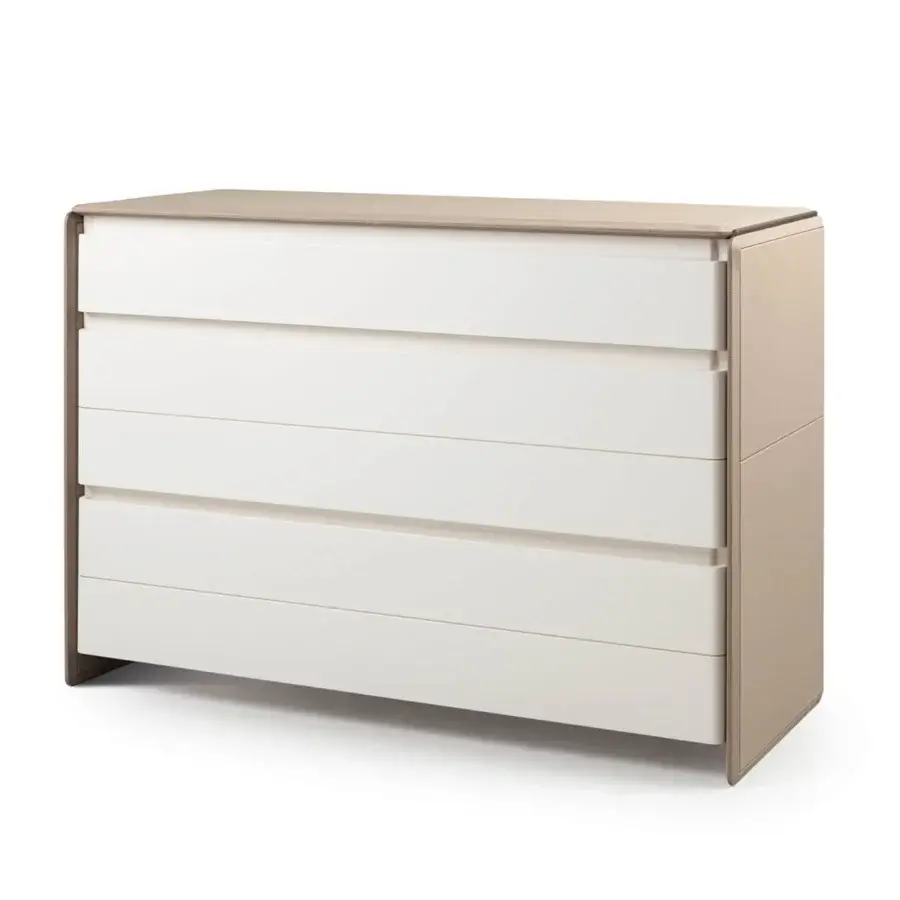 Exclusive Turri Zero dresser with rounded glossy white lacquered drawers and light beige leather frame with platinum detailing